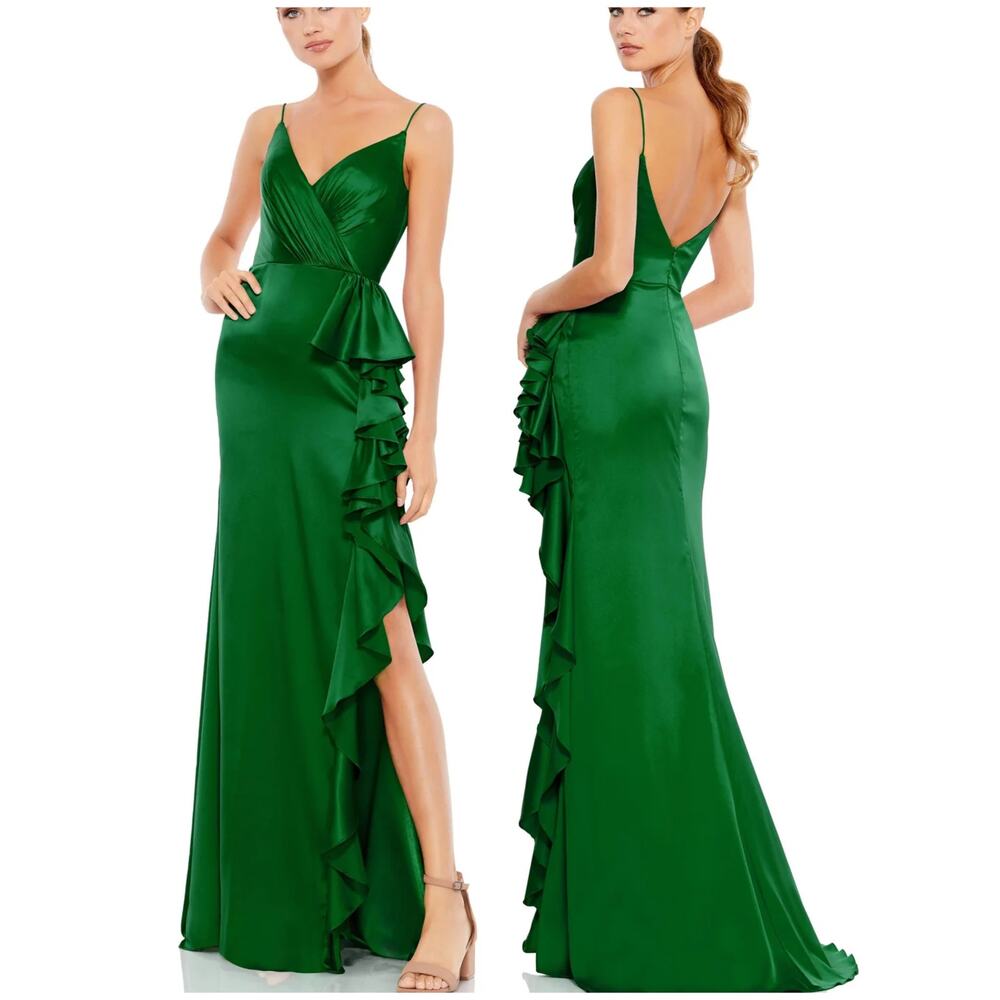Mac Duggal NWT Satin Plunging V-Neck Side Slit Ruffle Gown Forest Green Size 2